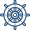 Nautical ship wheel icon with eight handles in dark blue.